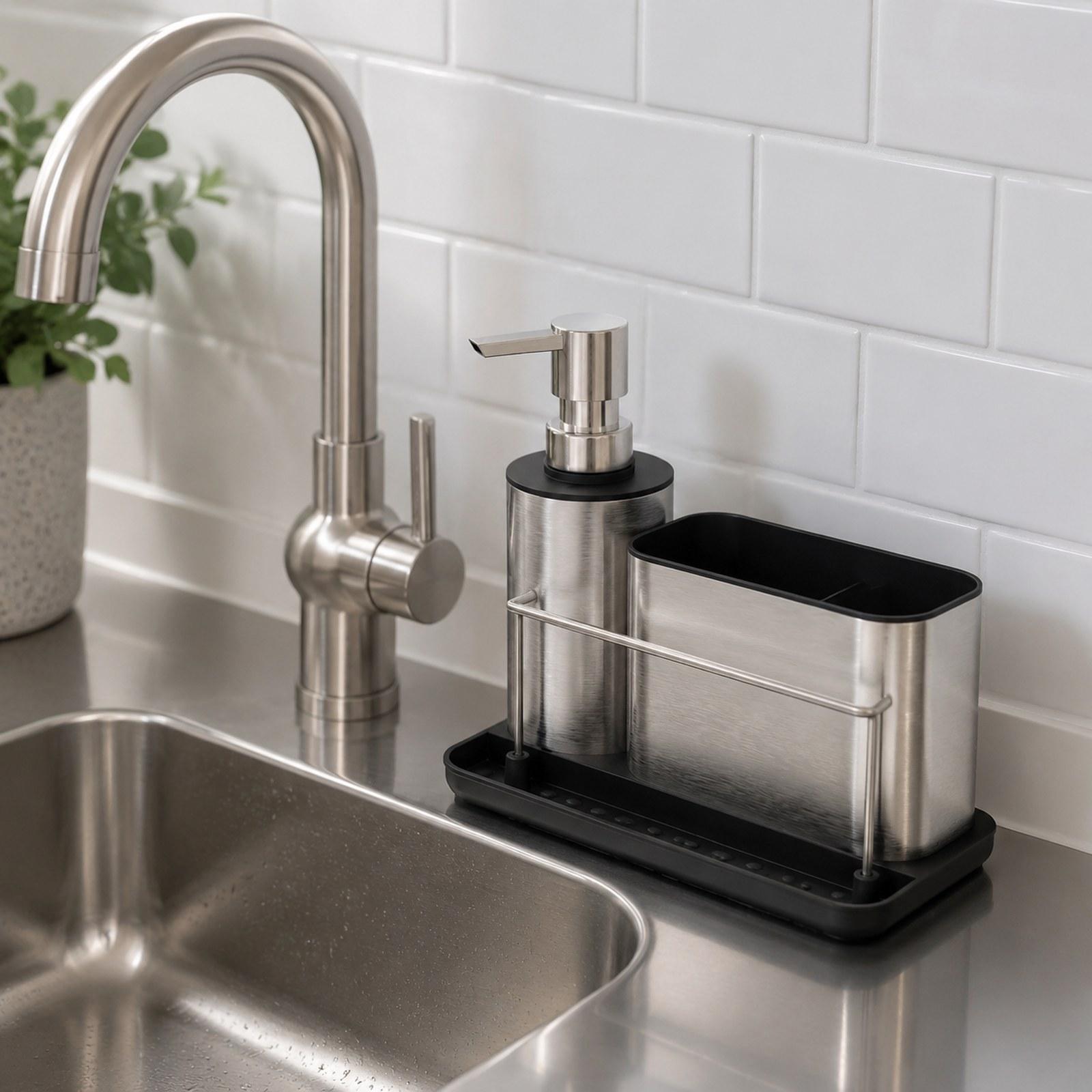 Kitchen Soap Dispenser Set Bru - đánh giá và giá Kitchen Gadgets Dispenser Brush Holder